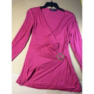Jones New York Hot Pink Y2K Wrap Top Gold O-Ring Ruched V-Neck Blouse